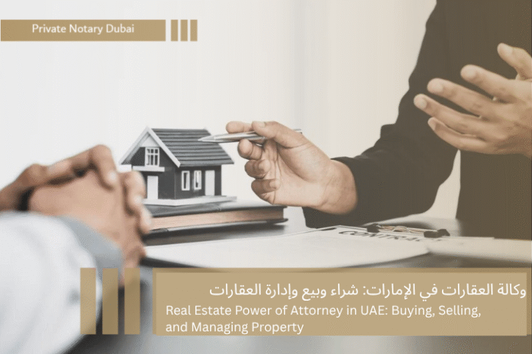 Real estate power of attorney in UAE: House, contract, and notary pen.