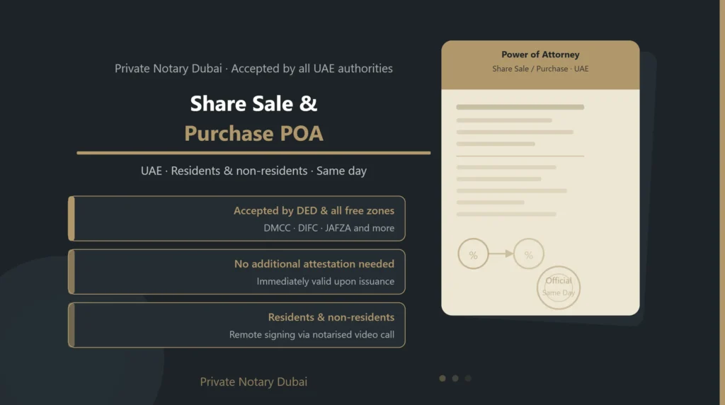 Share Sale and Purchase Power of Attorney UAE — Notarised document by Private Notary Dubai accepted by DED and all UAE free zones, issued same day for residents and non-residents