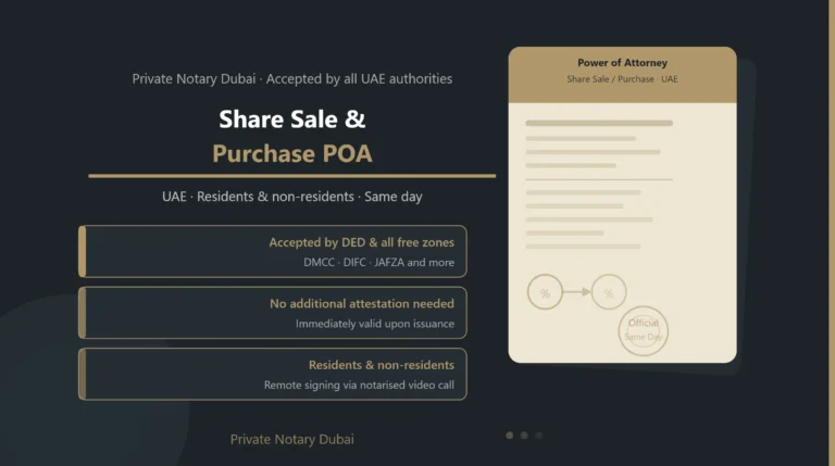 Share Sale and Purchase Power of Attorney UAE — Notarised document by Private Notary Dubai accepted by DED and all UAE free zones, issued same day for residents and non-residents